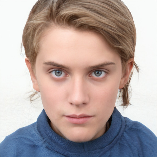 Neutral white young-adult female with short  brown hair and blue eyes