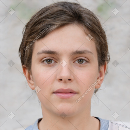 Neutral white young-adult female with short  brown hair and brown eyes