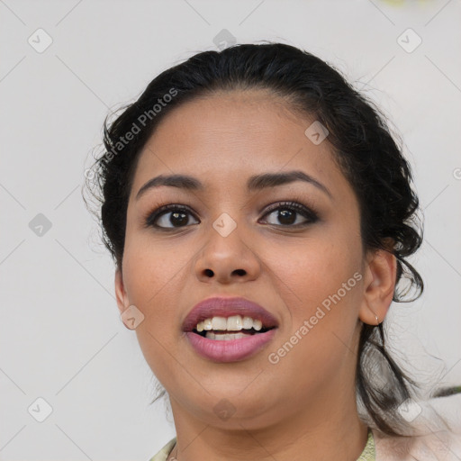 Joyful latino young-adult female with medium  black hair and brown eyes