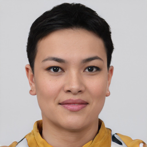 Joyful asian young-adult female with short  brown hair and brown eyes