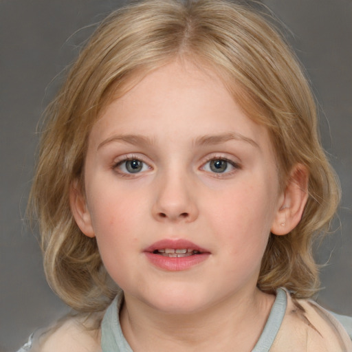 Neutral white child female with medium  brown hair and blue eyes