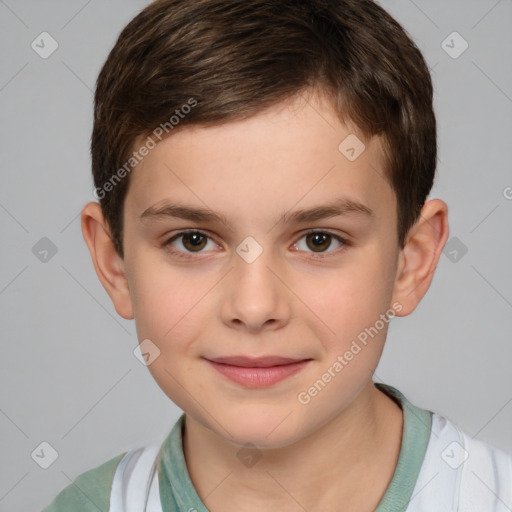 Joyful white child male with short  brown hair and brown eyes