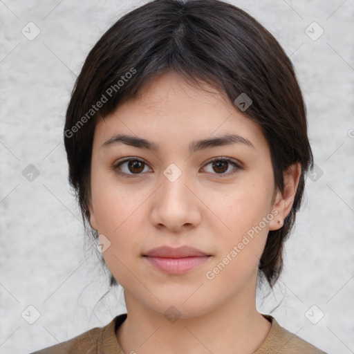 Neutral white young-adult female with medium  brown hair and brown eyes