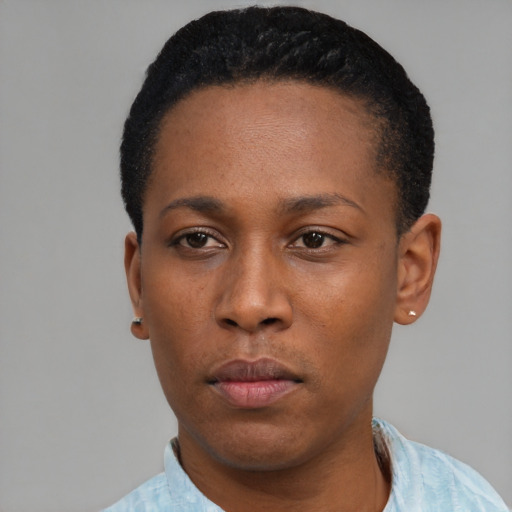 Neutral black young-adult female with short  black hair and brown eyes