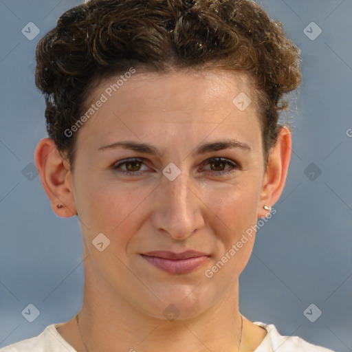 Joyful white adult female with short  brown hair and brown eyes