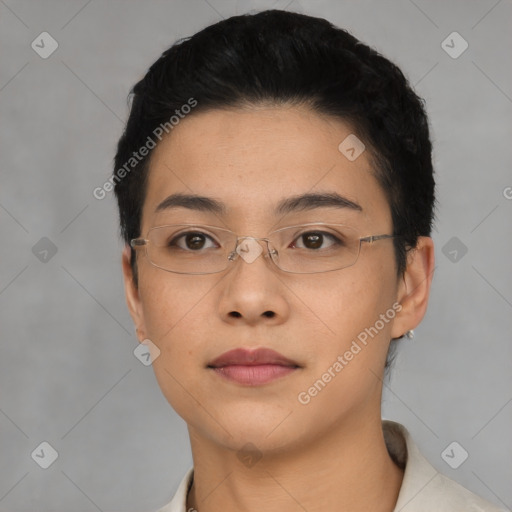 Neutral asian young-adult female with short  black hair and brown eyes