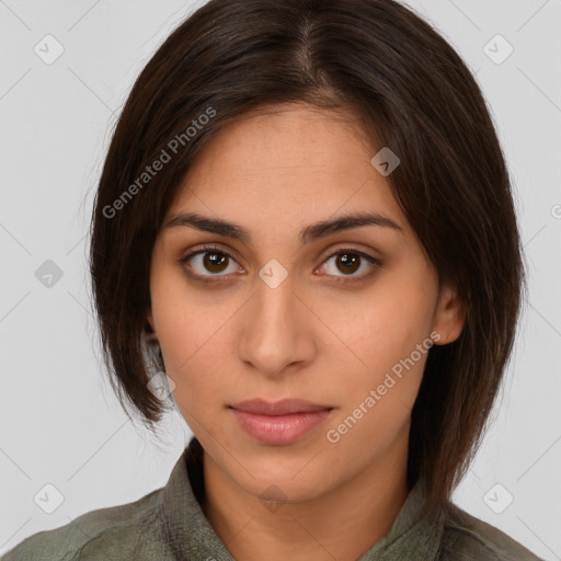 Neutral white young-adult female with medium  brown hair and brown eyes