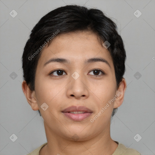 Joyful asian young-adult female with short  brown hair and brown eyes