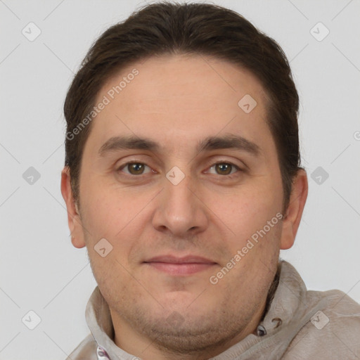 Joyful white young-adult male with short  brown hair and brown eyes