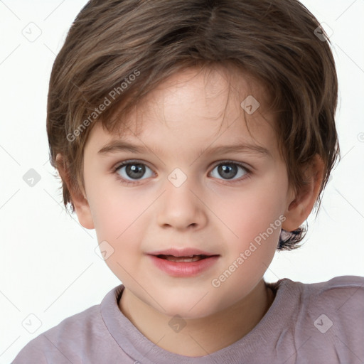 Joyful white child female with short  brown hair and brown eyes