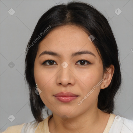 Neutral asian young-adult female with medium  black hair and brown eyes