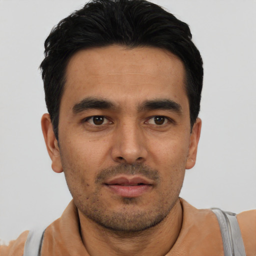 Neutral asian young-adult male with short  black hair and brown eyes