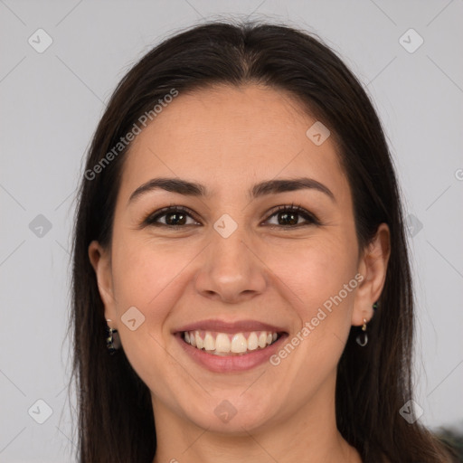 Joyful white young-adult female with long  brown hair and brown eyes