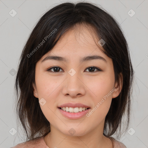 Joyful asian young-adult female with medium  brown hair and brown eyes