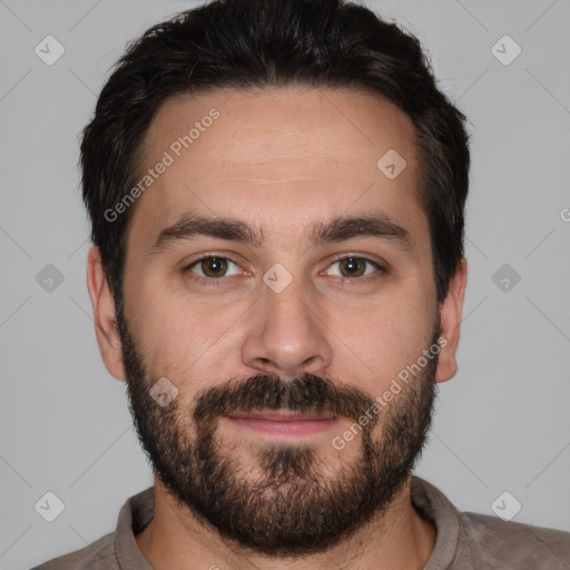 Neutral white young-adult male with short  brown hair and brown eyes