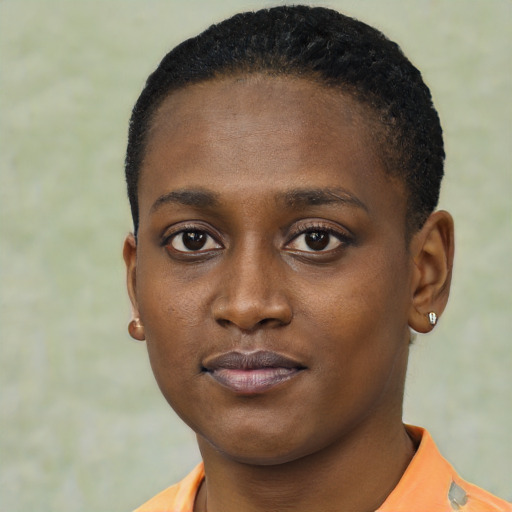 Neutral black young-adult female with short  black hair and brown eyes