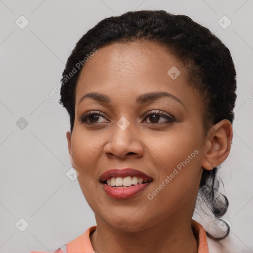 Joyful latino young-adult female with short  brown hair and brown eyes