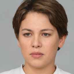 Neutral white young-adult female with short  brown hair and brown eyes