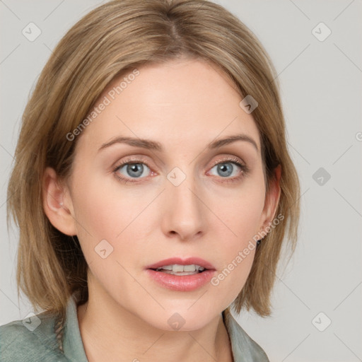 Neutral white young-adult female with medium  brown hair and grey eyes