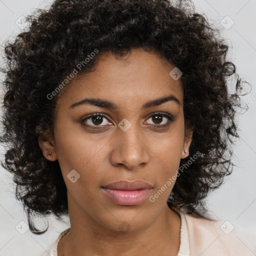 Neutral black young-adult female with medium  brown hair and brown eyes