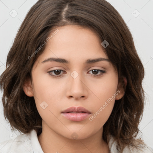 Neutral white young-adult female with medium  brown hair and brown eyes