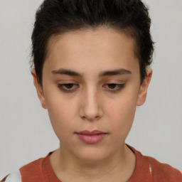 Neutral white young-adult female with short  brown hair and brown eyes