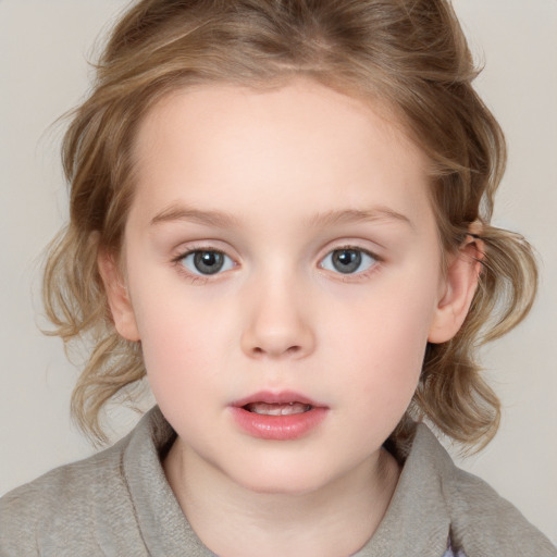 Neutral white child female with medium  brown hair and blue eyes