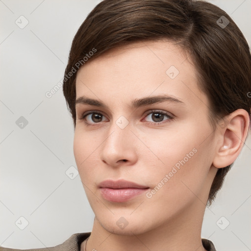 Neutral white young-adult female with short  brown hair and brown eyes