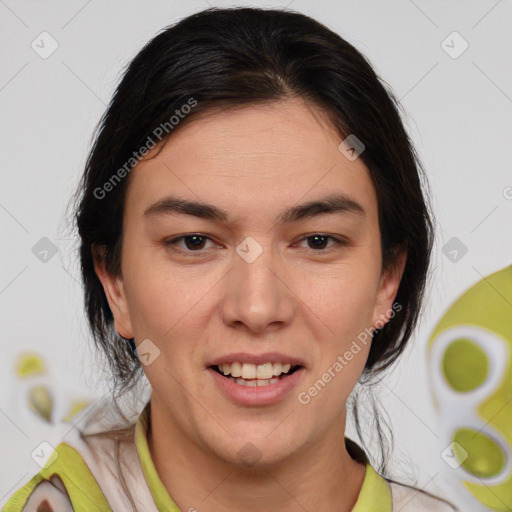 Joyful white young-adult female with medium  brown hair and brown eyes