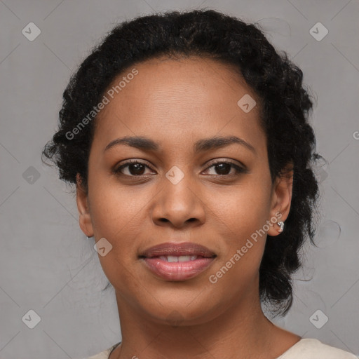 Joyful latino young-adult female with short  brown hair and brown eyes