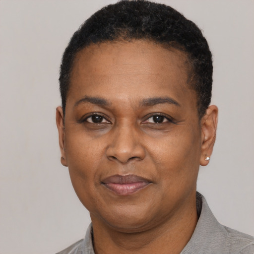 Joyful black adult female with short  black hair and brown eyes