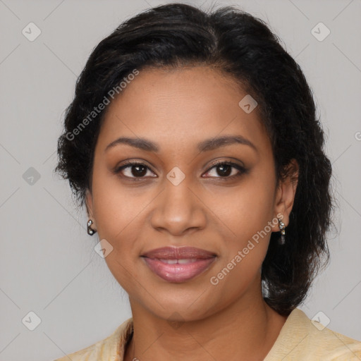 Joyful latino young-adult female with medium  black hair and brown eyes