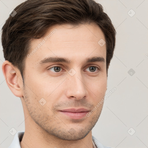 Neutral white young-adult male with short  brown hair and brown eyes