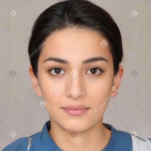 Neutral white young-adult female with medium  brown hair and brown eyes