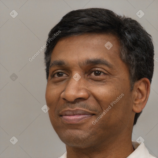 Joyful black adult male with short  black hair and brown eyes