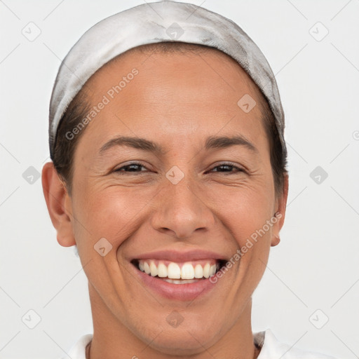 Joyful white adult female with short  brown hair and brown eyes