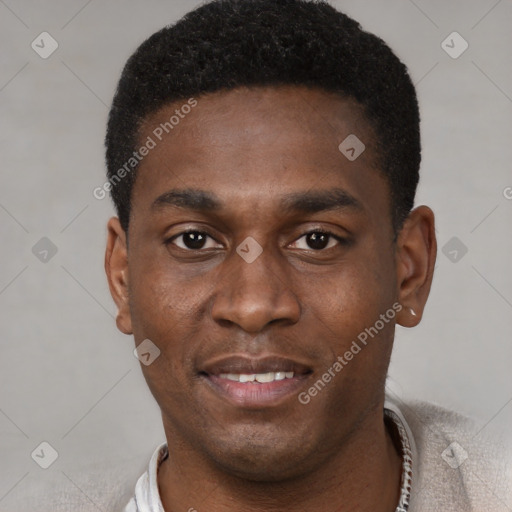 Neutral black young-adult male with short  black hair and brown eyes
