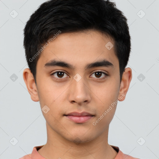 Neutral latino young-adult male with short  black hair and brown eyes