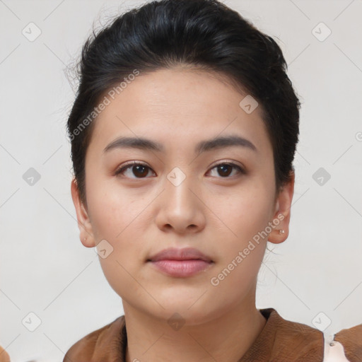 Neutral asian young-adult female with short  brown hair and brown eyes