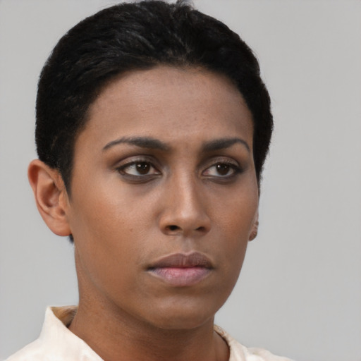 Neutral latino young-adult female with short  black hair and brown eyes