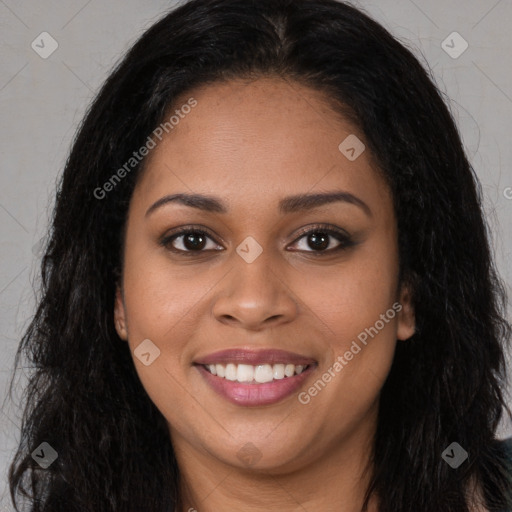 Joyful latino young-adult female with long  brown hair and brown eyes