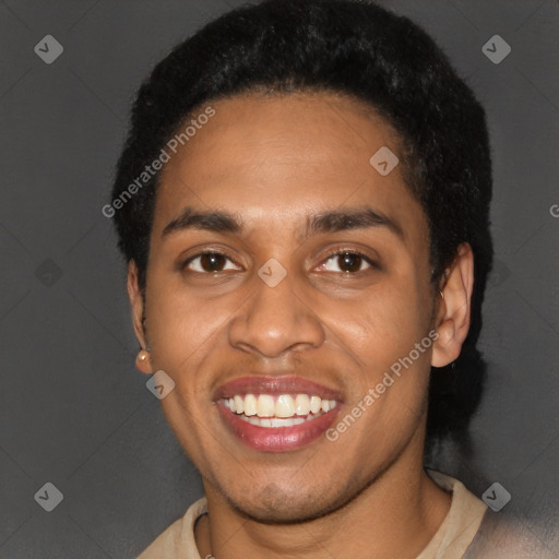 Joyful latino young-adult male with short  black hair and brown eyes