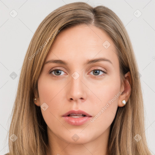 Neutral white young-adult female with long  brown hair and brown eyes