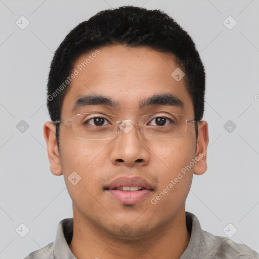 Neutral asian young-adult male with short  black hair and brown eyes