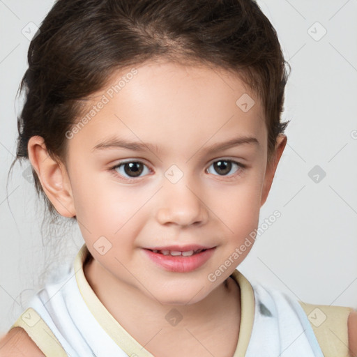 Joyful white child female with short  brown hair and brown eyes