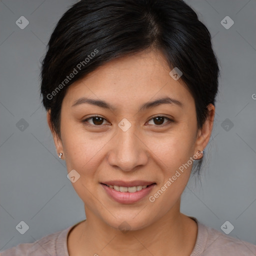 Joyful asian young-adult female with short  brown hair and brown eyes