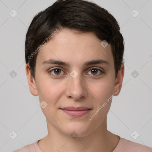 Joyful white young-adult female with short  brown hair and brown eyes