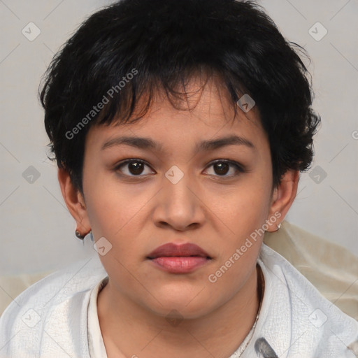 Joyful asian young-adult female with short  brown hair and brown eyes