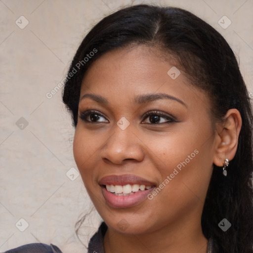 Joyful asian young-adult female with long  brown hair and brown eyes