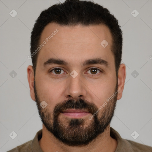 Neutral white young-adult male with short  brown hair and brown eyes